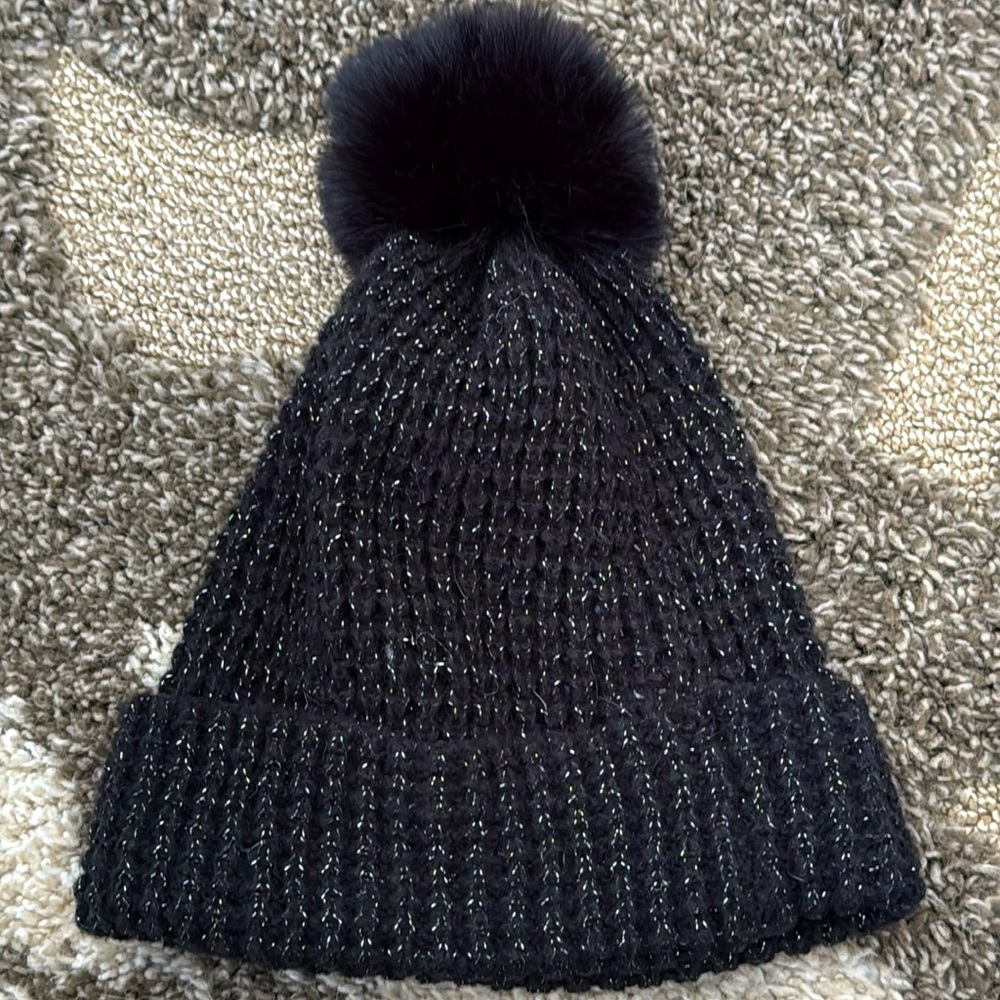 Style & Co Black Lightweight Sparkle Faux Fur Pom Beanie Hat OS